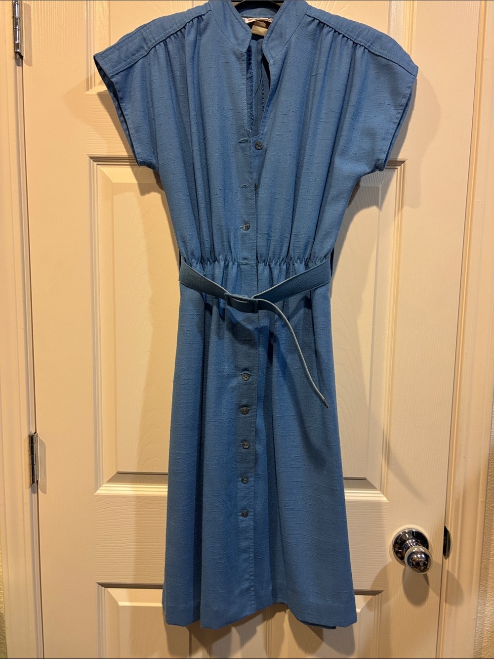 Vintage Blue Button-Front Belted Women's Dress